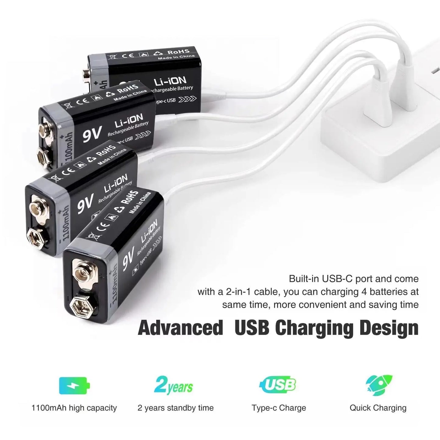 9V Rechargeable Li-ion Battery 9V 1100mWh-4PCS/SET