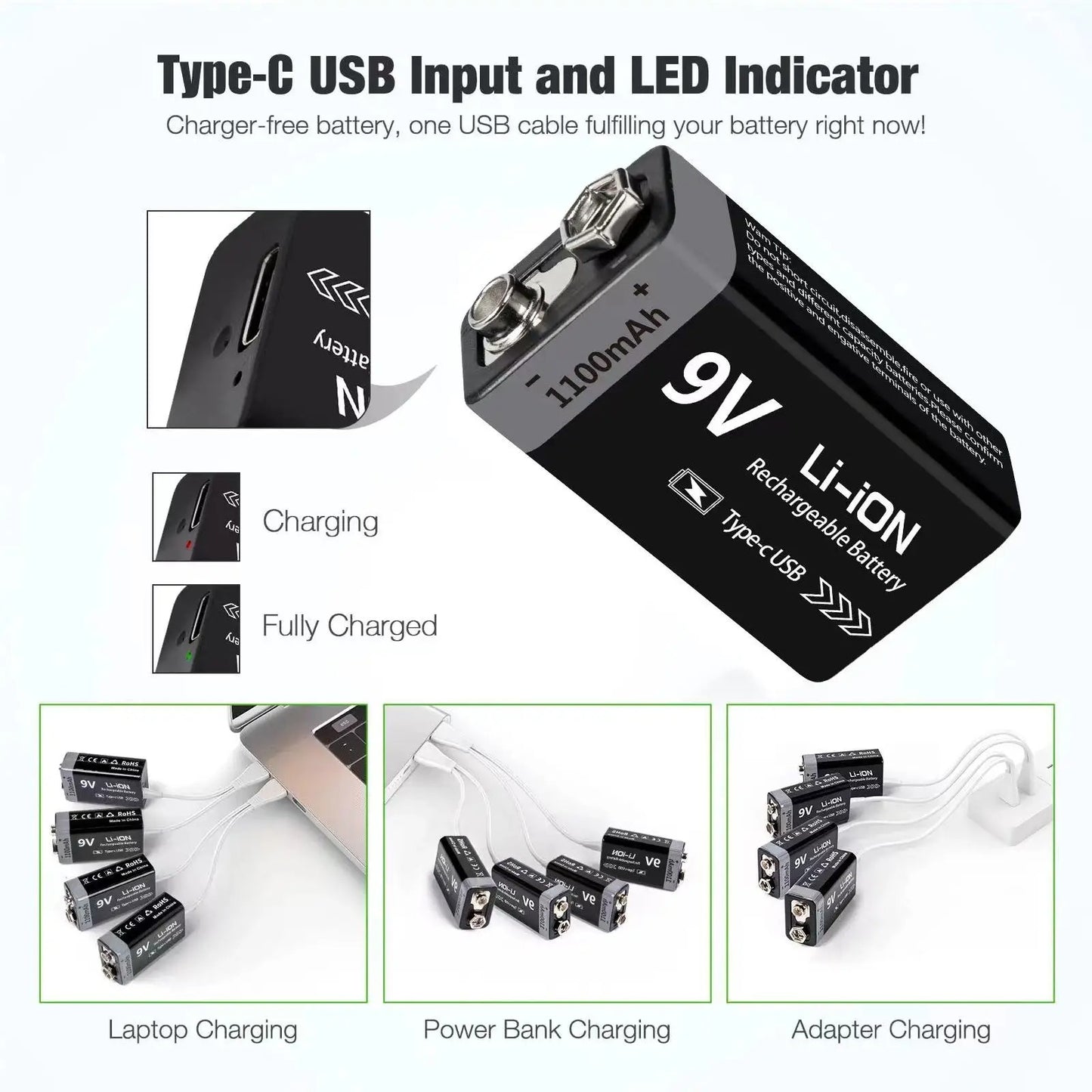 9V Rechargeable Li-ion Battery 9V 1100mWh-4PCS/SET