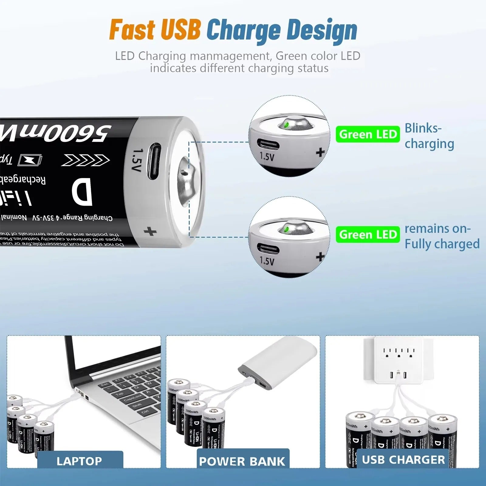 D-Cell Rechargeable Li-ion Battery 1.5V 5600mWh-10PCS/SET