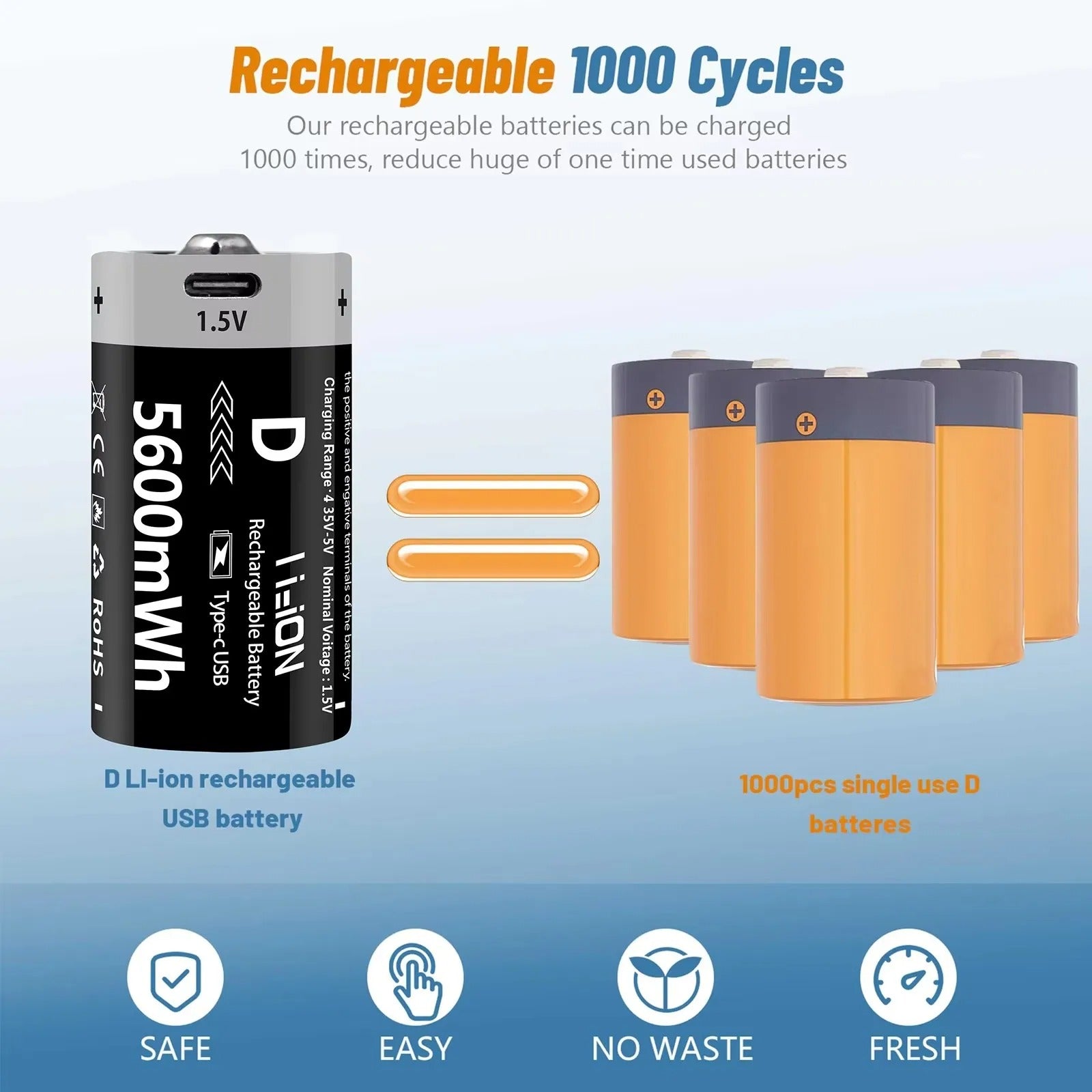 D-Cell Rechargeable Li-ion Battery 1.5V 5600mWh-8PCS/SET