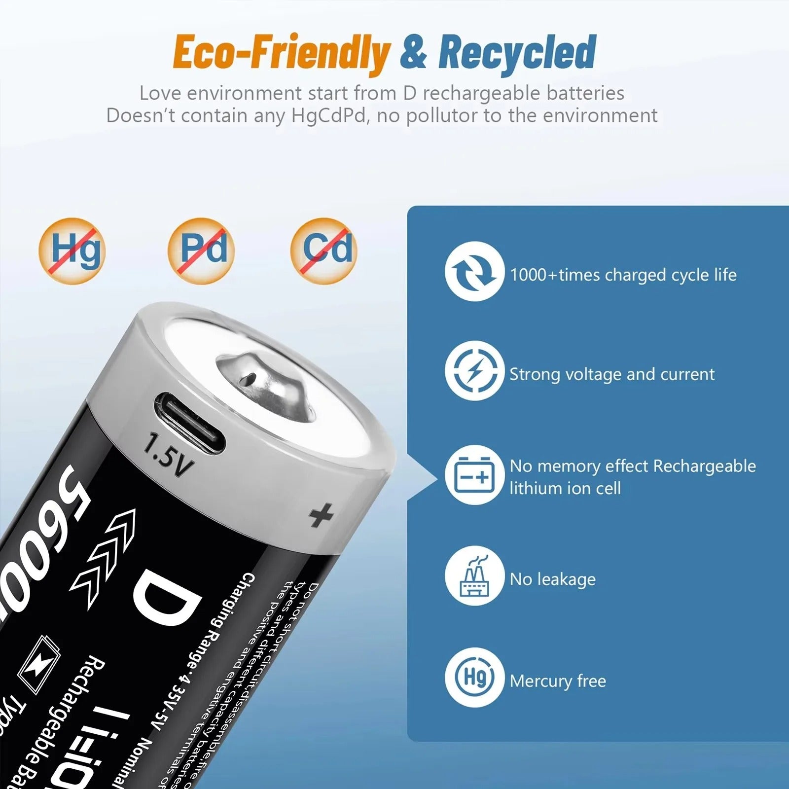 D-Cell Rechargeable Li-ion Battery 1.5V 5600mWh-8PCS/SET